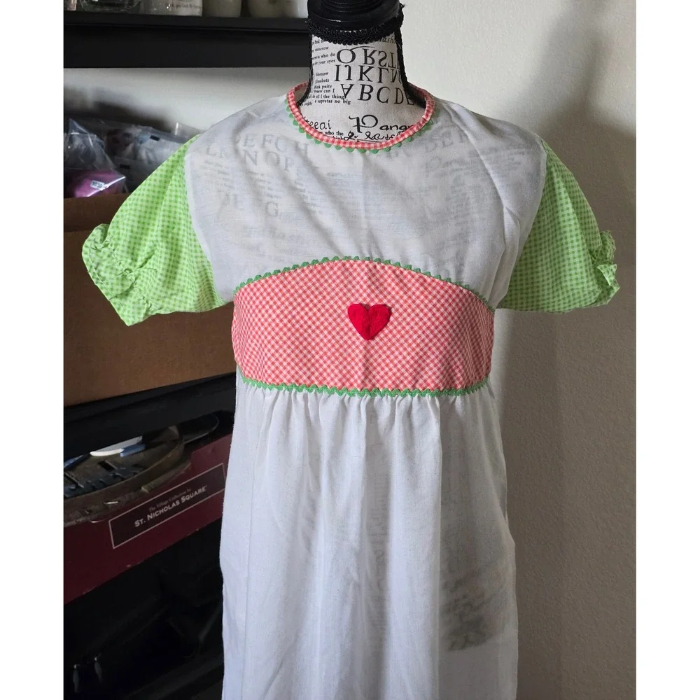 Miss B Nightgown Girls Size 12 White Gingham Heart Vintage 70s Prairie Cottage